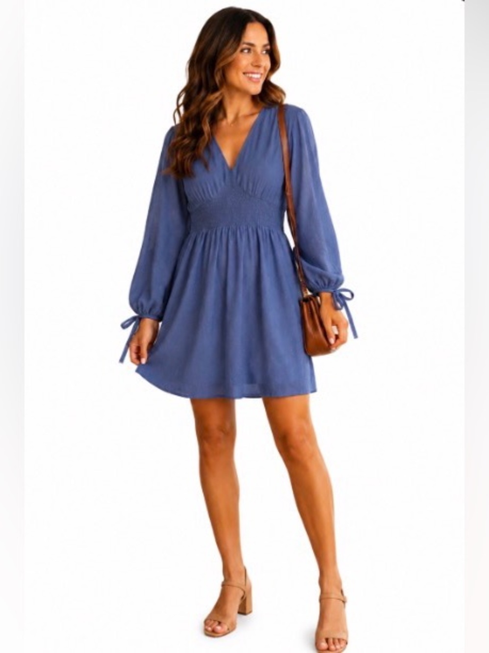 NWT - Melrose and Market Blue V-Neck Long Sleeve Mini Dress - PTP 20-22 inches